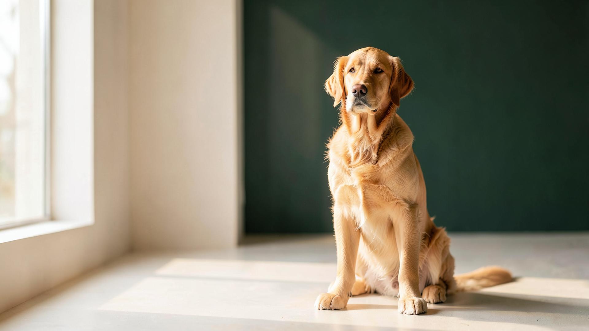 Golden retriever sitting in soft window light