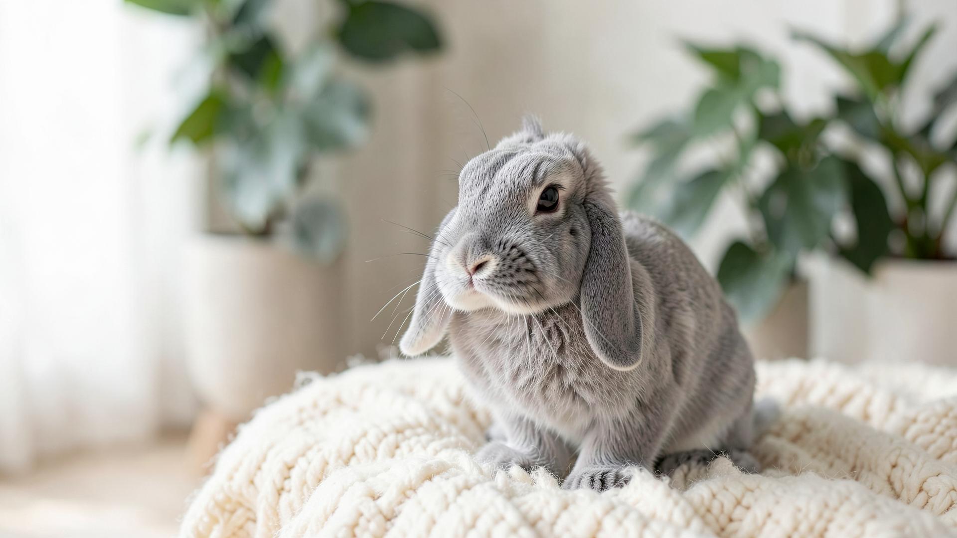 Grey lop rabbit on a wool blanket